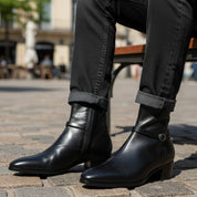 Men's Black Leather High-Heel Zipper Boots - model-sitting-bench