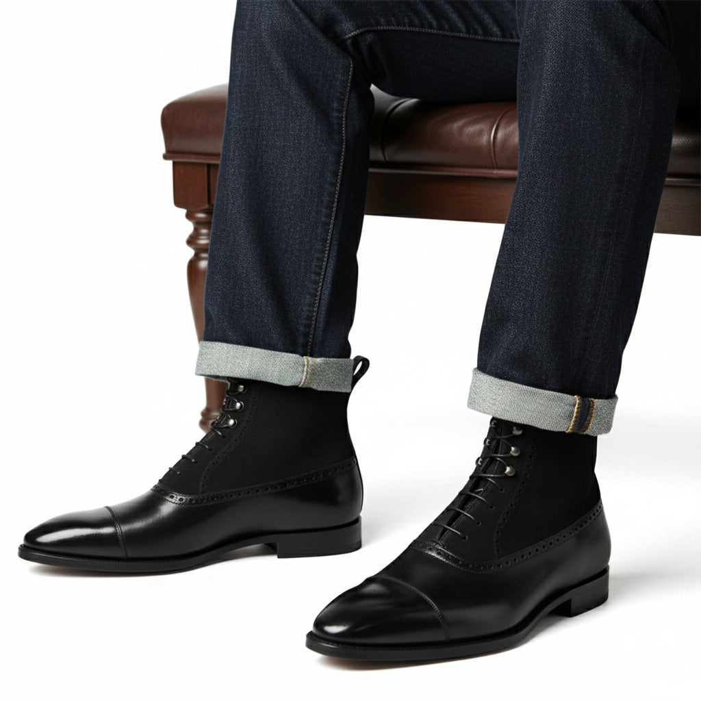 Men's Black Lace-Up Dress Boots in Genuine Leather & Suede - model-sitting-bench