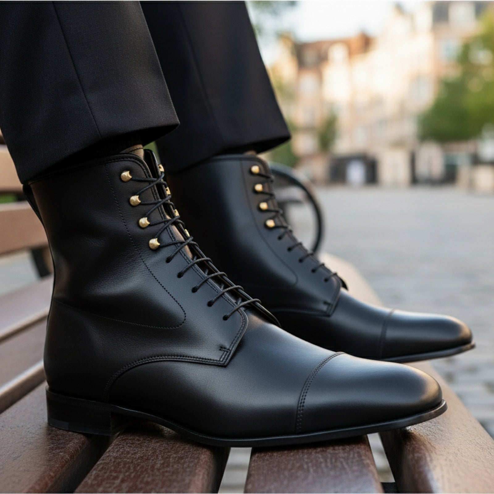 Men's Handmade Black Leather Ankle Boots with Premium Craftsmanship - model-sitting-bench