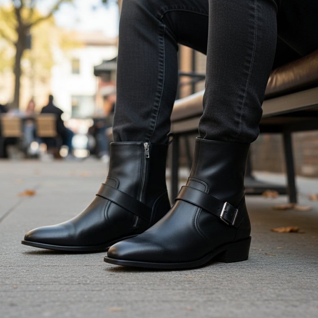 Men's Handmade Black Leather Boots with Side Zipper & Monk Strap - model-sitting-bench