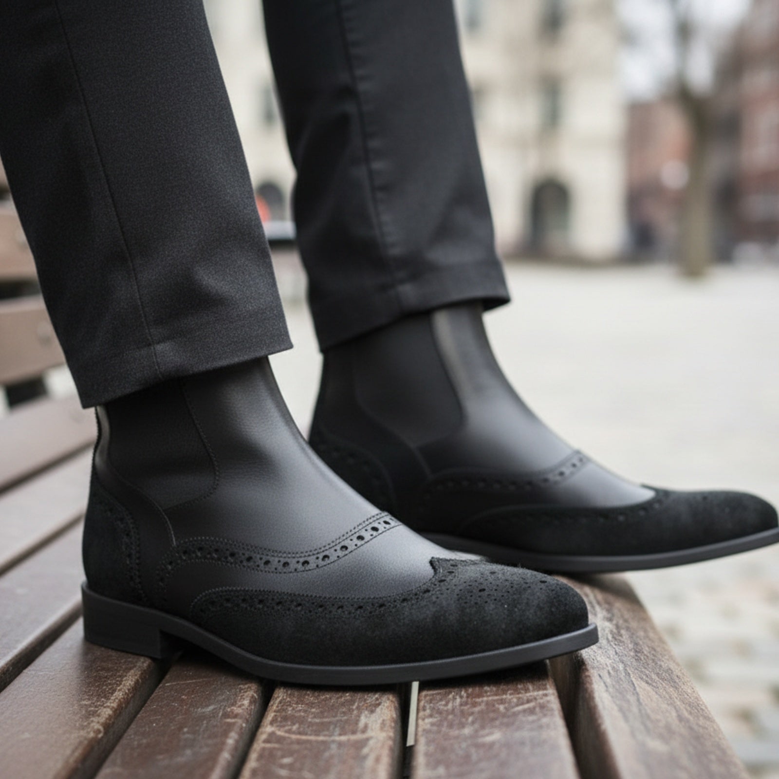Men's Black Leather Chelsea Boots - model-sitting-bench