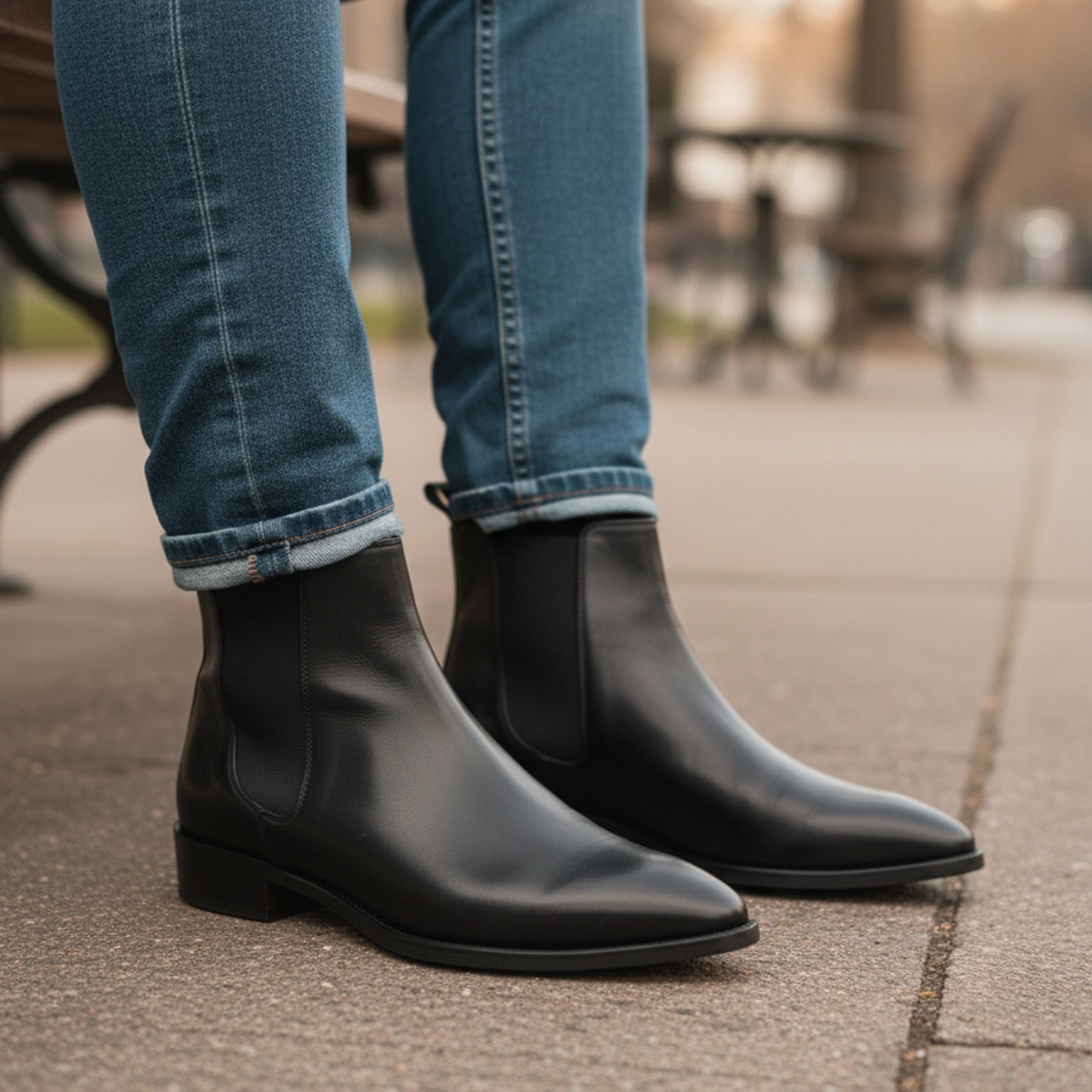 Men's Black Leather Pointed Toe Chelsea Boots - model-sitting-bench