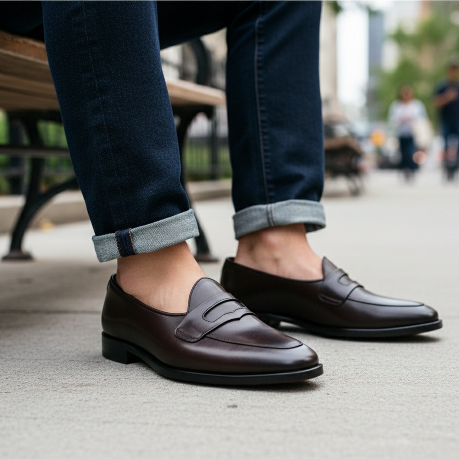 Men's Black Leather Moccasins - model-sitting-bench