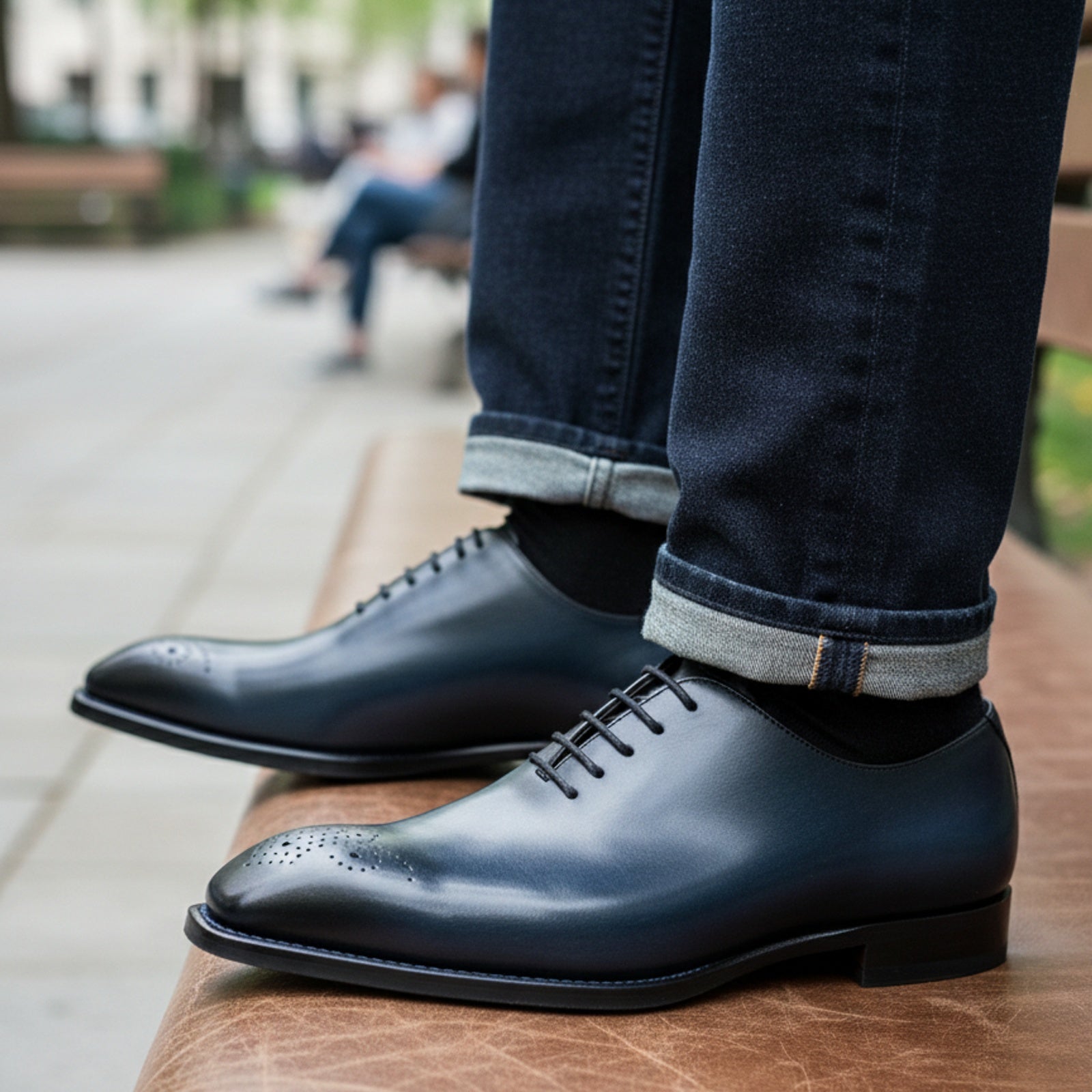 Men's Black Leather Tuxedo Shoes - model-sitting-bench