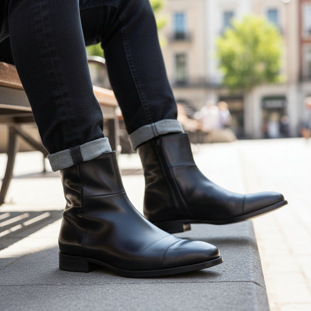 Men's Handmade Black Leather Side Zipper Boots with Ankle Design - model-sitting-bench