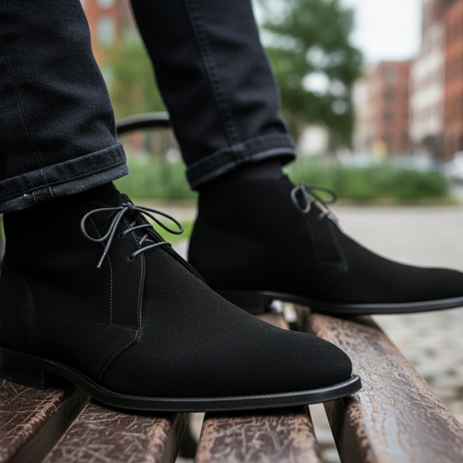 Men's Handmade Black Suede Chukka Boots with Luxurious Craftsmanship - model-sitting-bench