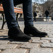 Men's Black Suede Oxford Dress Shoes - model-sitting-bench