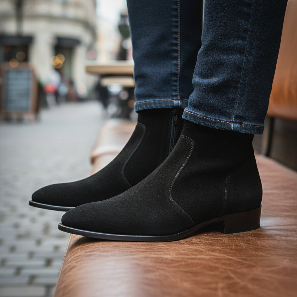 Men's Black Suede Zipper Boots - model-sitting-bench