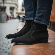 Men's Black Suede Zipper Boots - model-sitting-bench