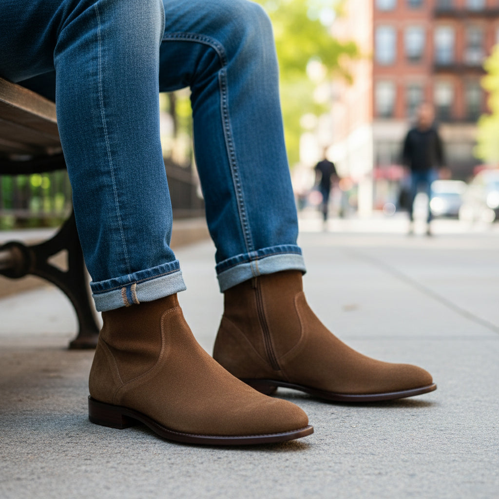 Men's Brown Suede Zipper Ankle Boots - model-sitting-bench