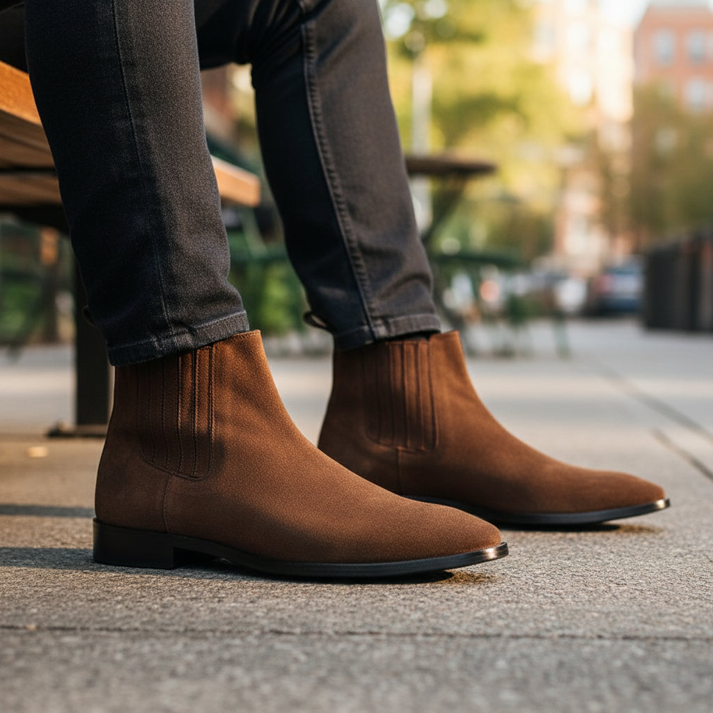 Men's Brown Suede Chelsea Ankle Boots with Leather Sole - model-sitting-bench
