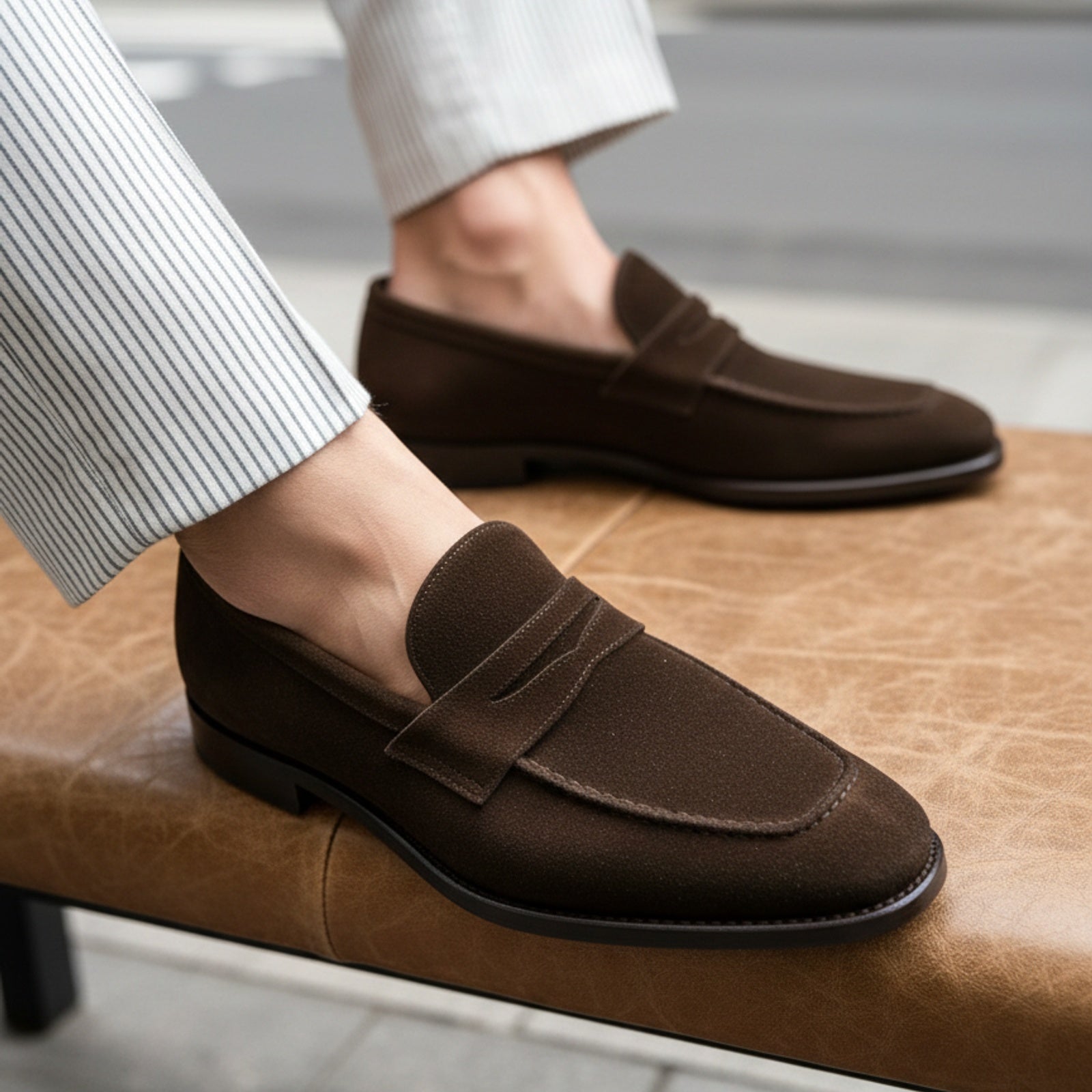 Men's Brown Suede Moccasin Loafers - model-sitting-bench