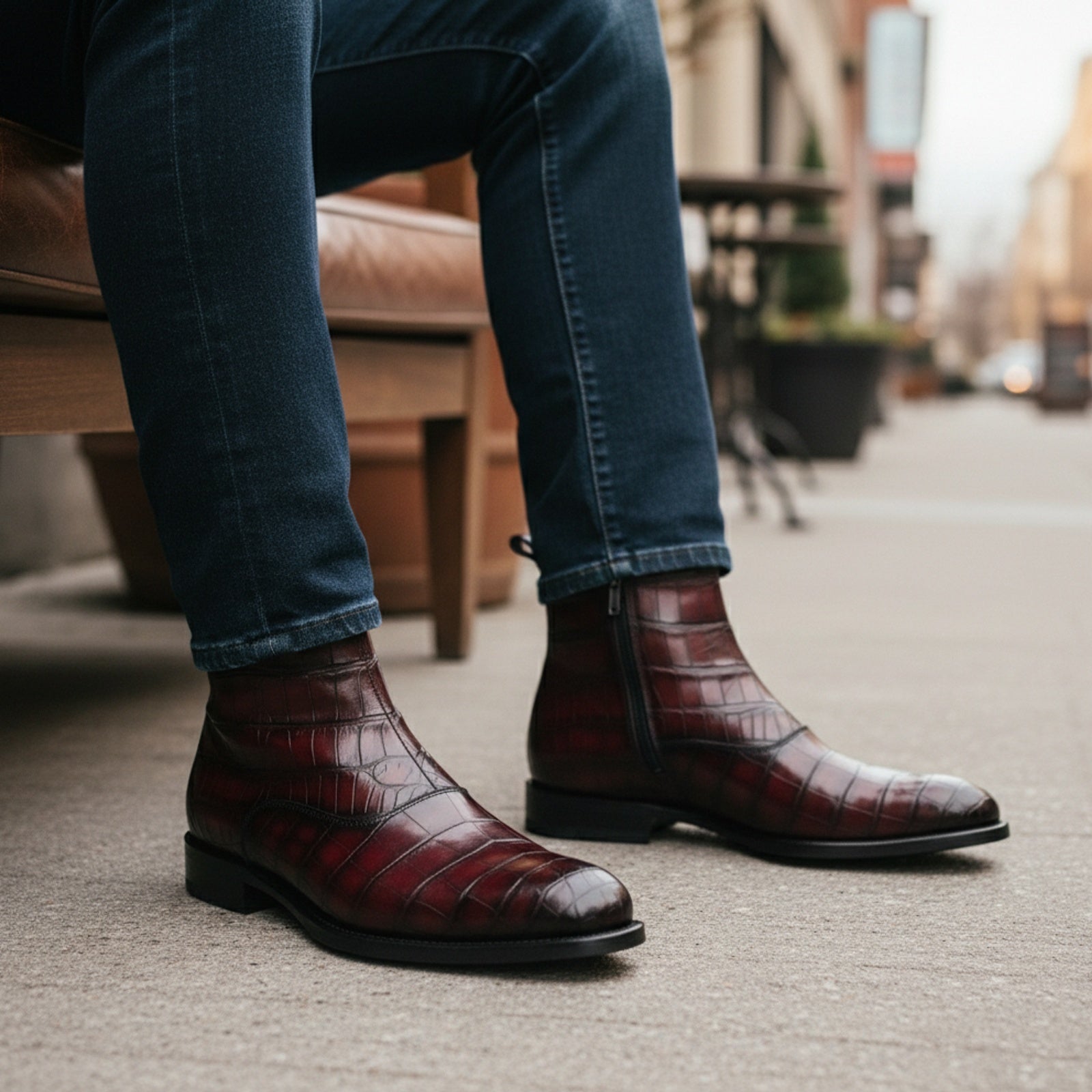 Men's Burgundy Crocodile Leather Zipper Boots - model-sitting-bench