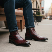 Men's Burgundy Crocodile Leather Zipper Boots - model-sitting-bench