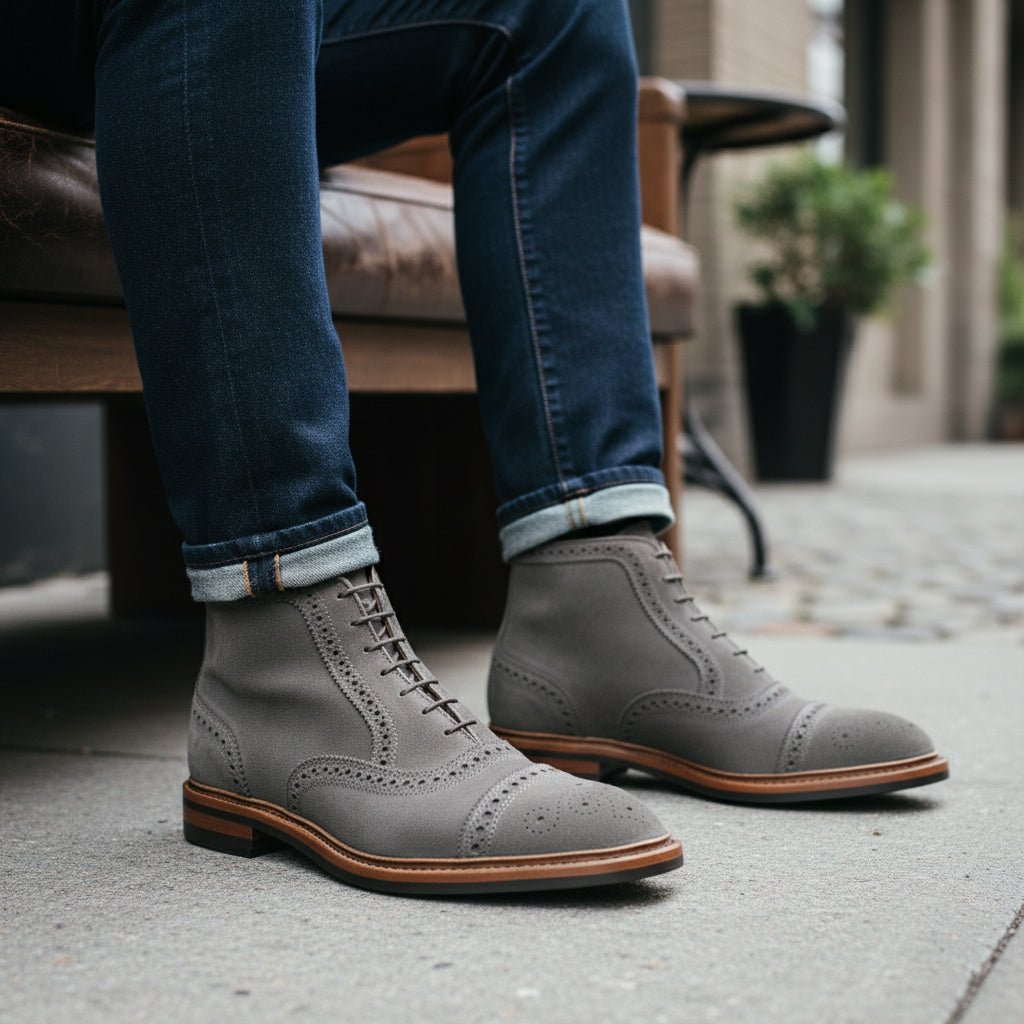 Men's Gray Suede Dress Boots with Lace-up Closure - model-sitting-bench