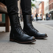 Men's Black Punk Combat Leather Boots - model-sitting-bench