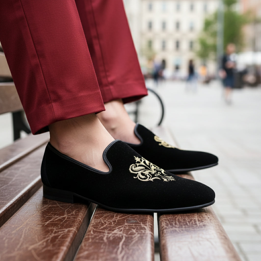 Men's Black Velvet Embroidered Loafers with Leather Sole - model-sitting-bench