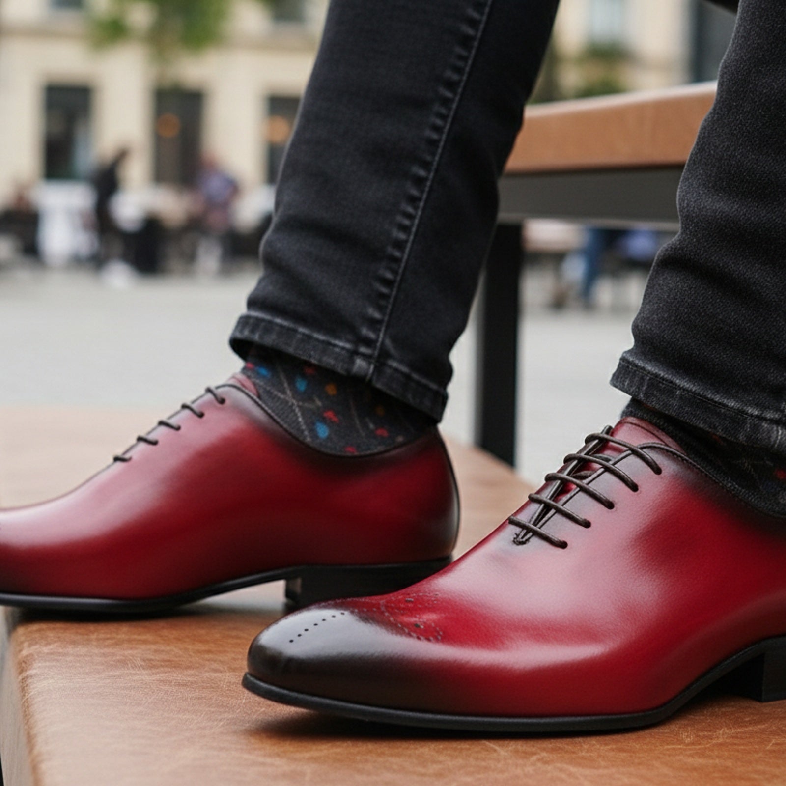 Men's Red Leather Brogue Dress Shoes - model-sitting-bench