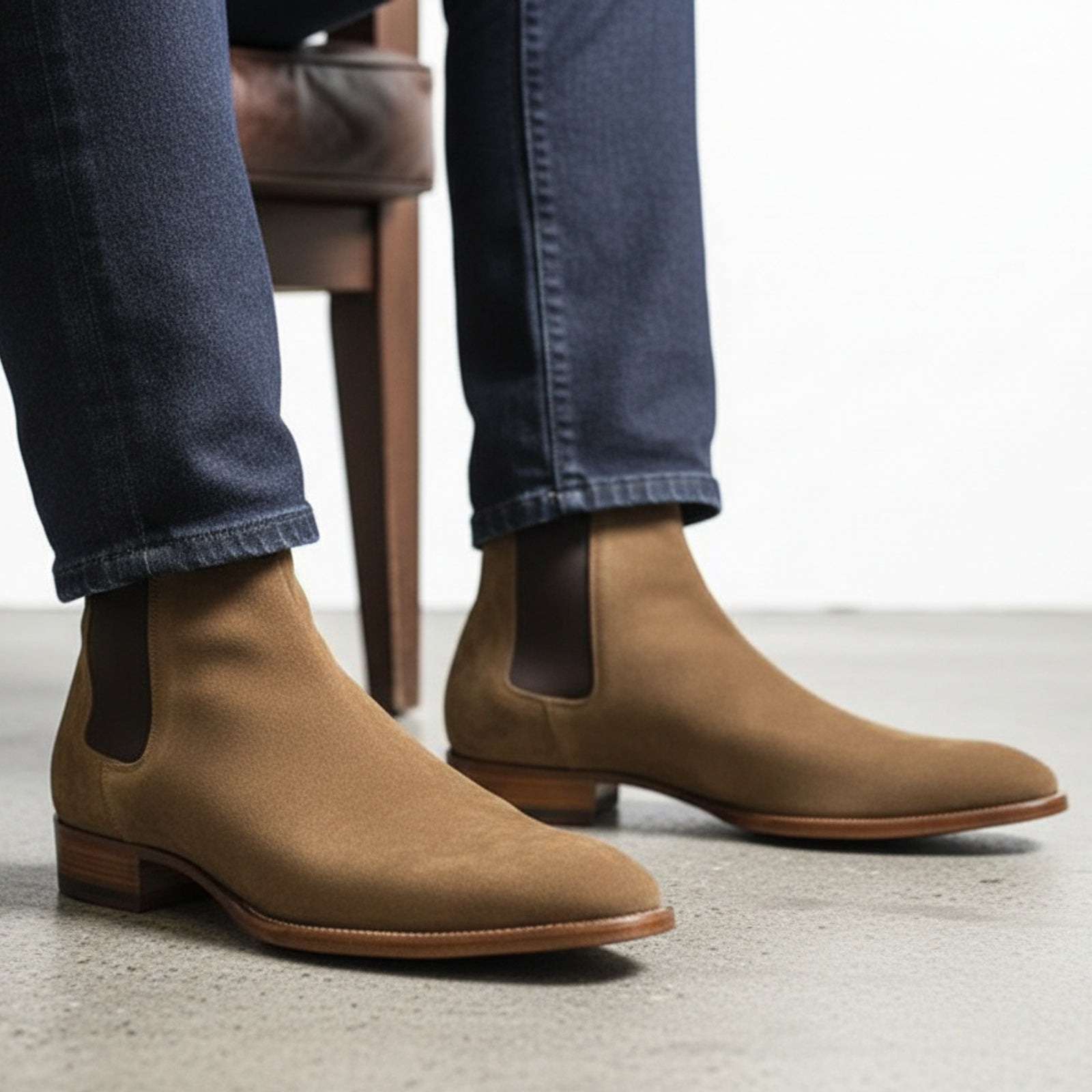 Men's Tan Suede Chelsea Ankle Boots - model-sitting-bench