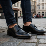 Men's Black Leather Lace-up Dress Shoes - model-sitting-bench