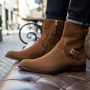 Men's Brown Suede Ankle Boots - model-sitting-bench