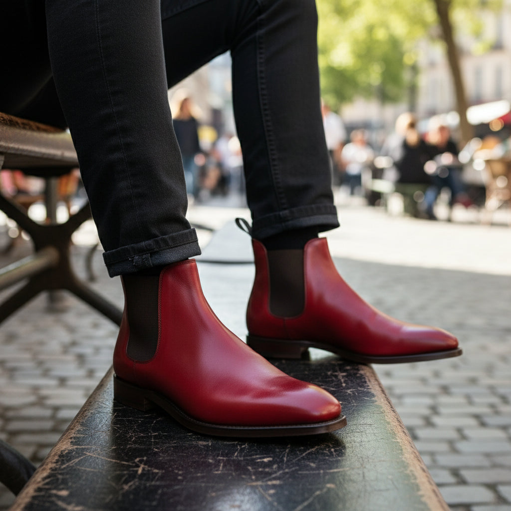 Men's Red Leather Chelsea Boots - model-sitting-bench