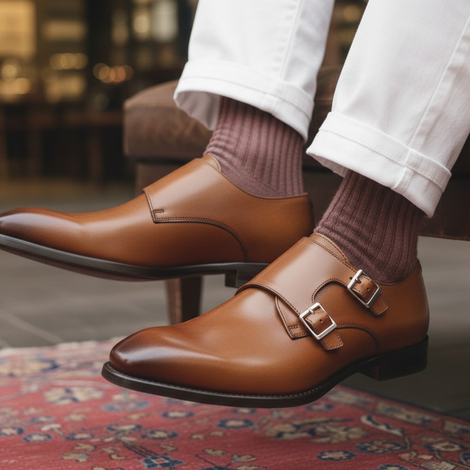 Men's Tan Brown Leather Double Monk Chukka Boots - model-sitting-bench