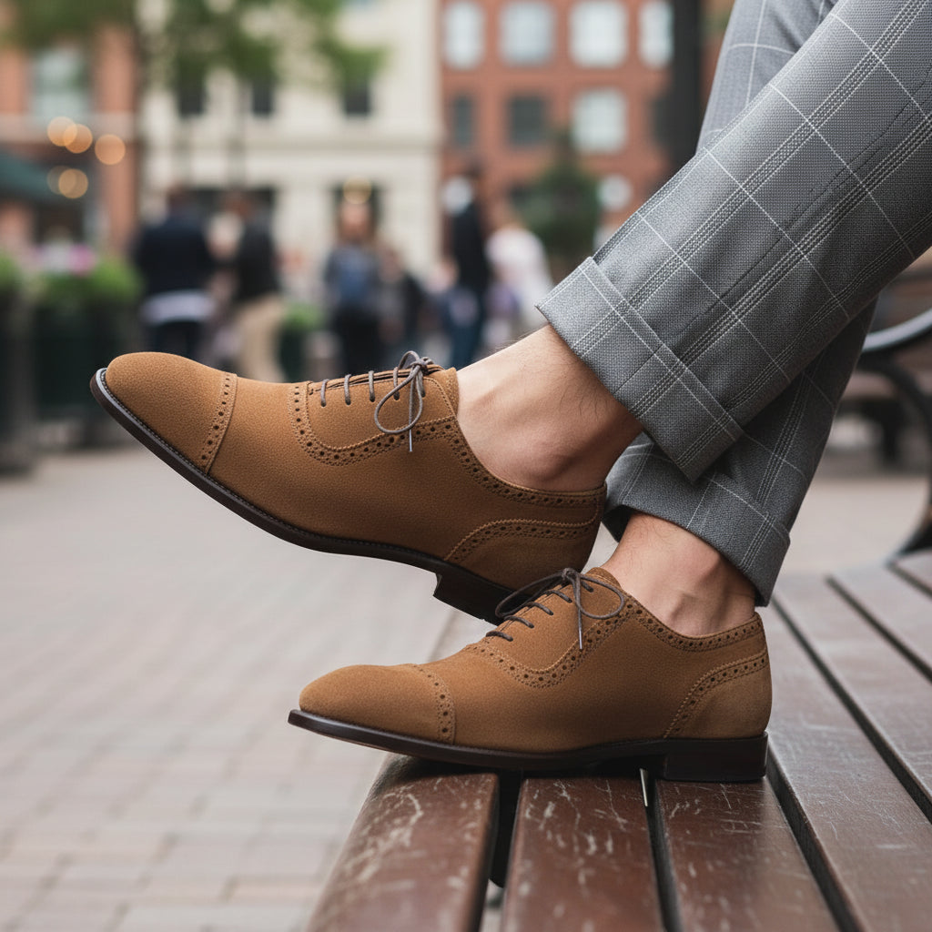Handmade Mens Beige Color Suede Brogue Dress Shoes, Men Oxford Formal Shoes - model-sitting-bench