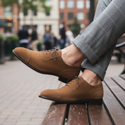 Handmade Mens Beige Color Suede Brogue Dress Shoes, Men Oxford Formal Shoes - model-sitting-bench