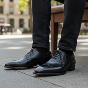 Handmade Mens Black Formal Shoes, Men Black Tuxedo Leather Shoes, Shoes - model-sitting-bench