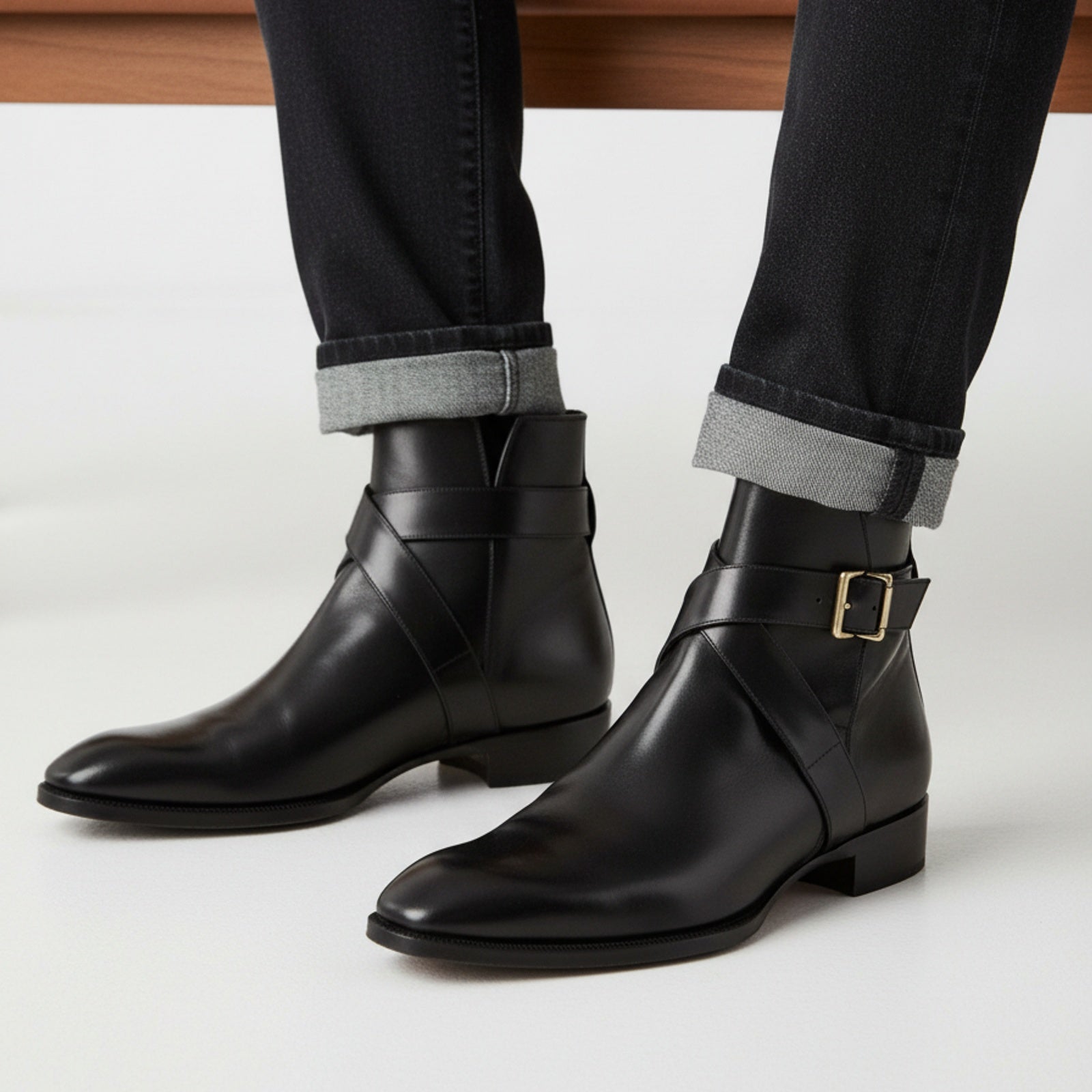 Handmade Mens Black Leather Boots, Men Black Jodhpurs Leather Boot - model-sitting-bench