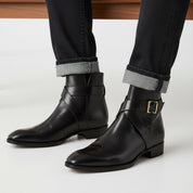 Handmade Mens Black Leather Boots, Men Black Jodhpurs Leather Boot - model-sitting-bench
