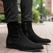 Handmade Mens Black Side Zipper Suede Leather Boots, Mens Ankle High Suede - model-sitting-bench