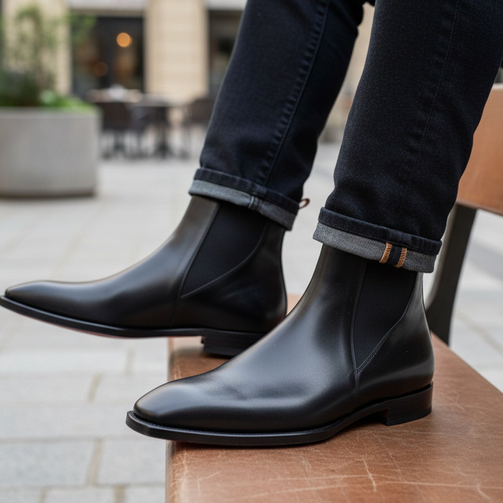 Men's Black Leather Square Toe Chelsea Boots - model-sitting-bench