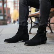 Handmade Mens Black Suede Leather Boots, Men Black Jodhpurs Leather Boot - model-sitting-bench