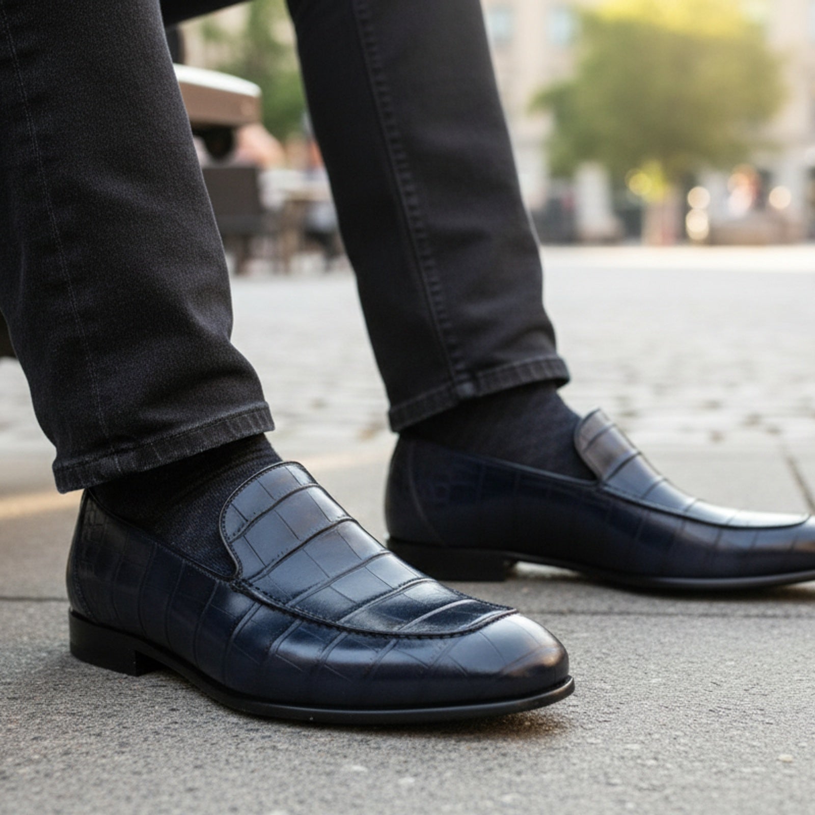 Handmade Mens Blue Alligators Shoes, Men Blue Crocodile Penny Loafer - model-sitting-bench
