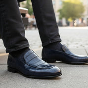 Handmade Mens Blue Alligators Shoes, Men Blue Crocodile Penny Loafer - model-sitting-bench