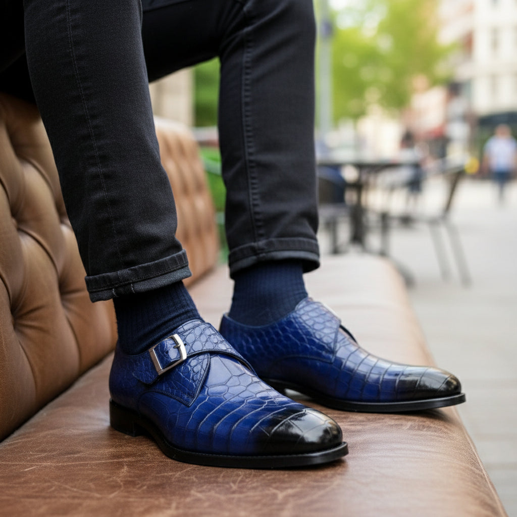 Handmade Mens Blue Crocodile Embossed Monk Shoes, Men Blue Dress Shoes - model-sitting-bench