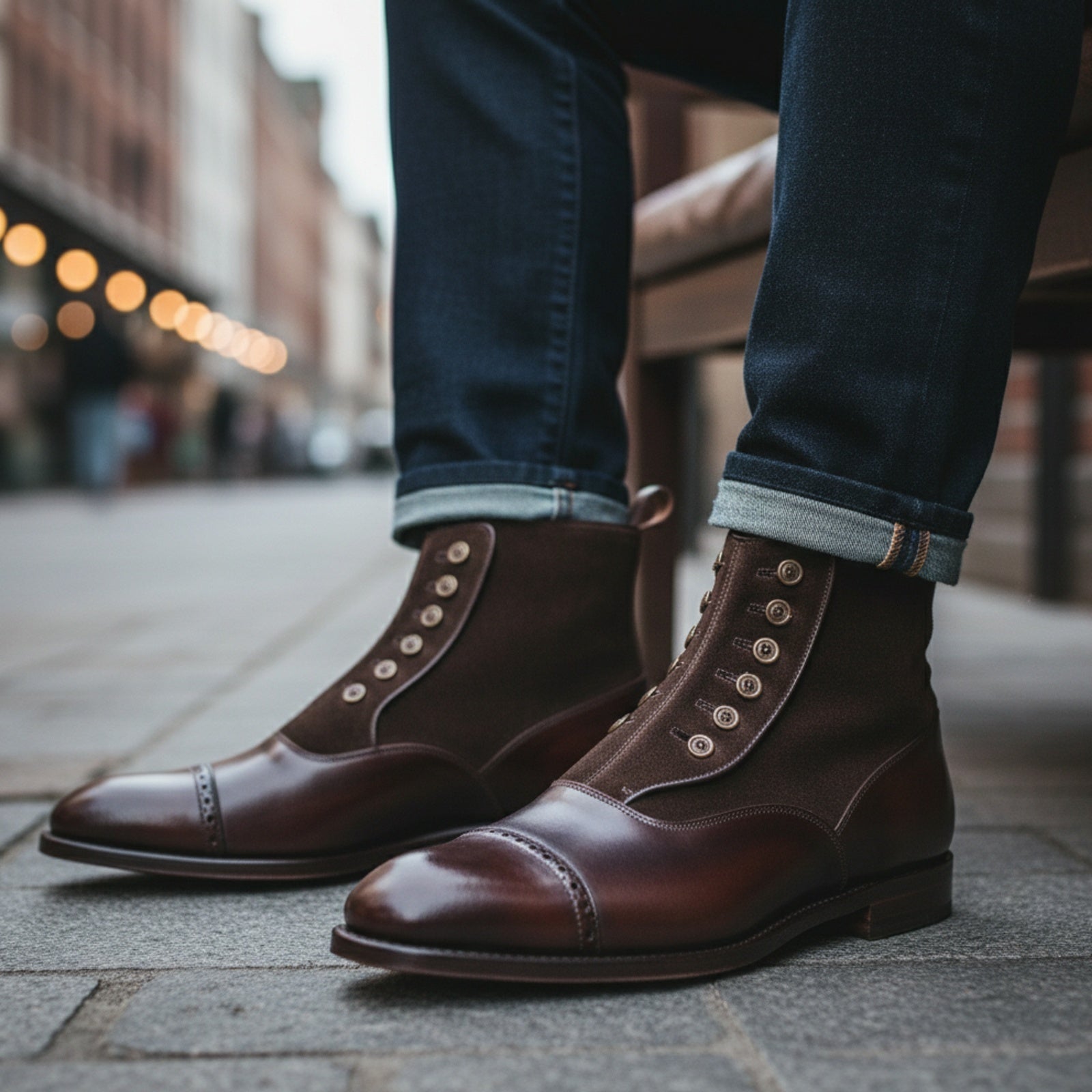 Handmade Mens Brown Button Boots, Men Gentlemen Ankle Boots, Leather Boot - model-sitting-bench