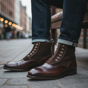 Handmade Mens Brown Button Boots, Men Gentlemen Ankle Boots, Leather Boot - model-sitting-bench
