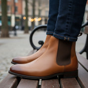 Handmade Mens Brown Chelsea Leather Boot, Mens Leather Boot, Men Ankle Boot - model-sitting-bench