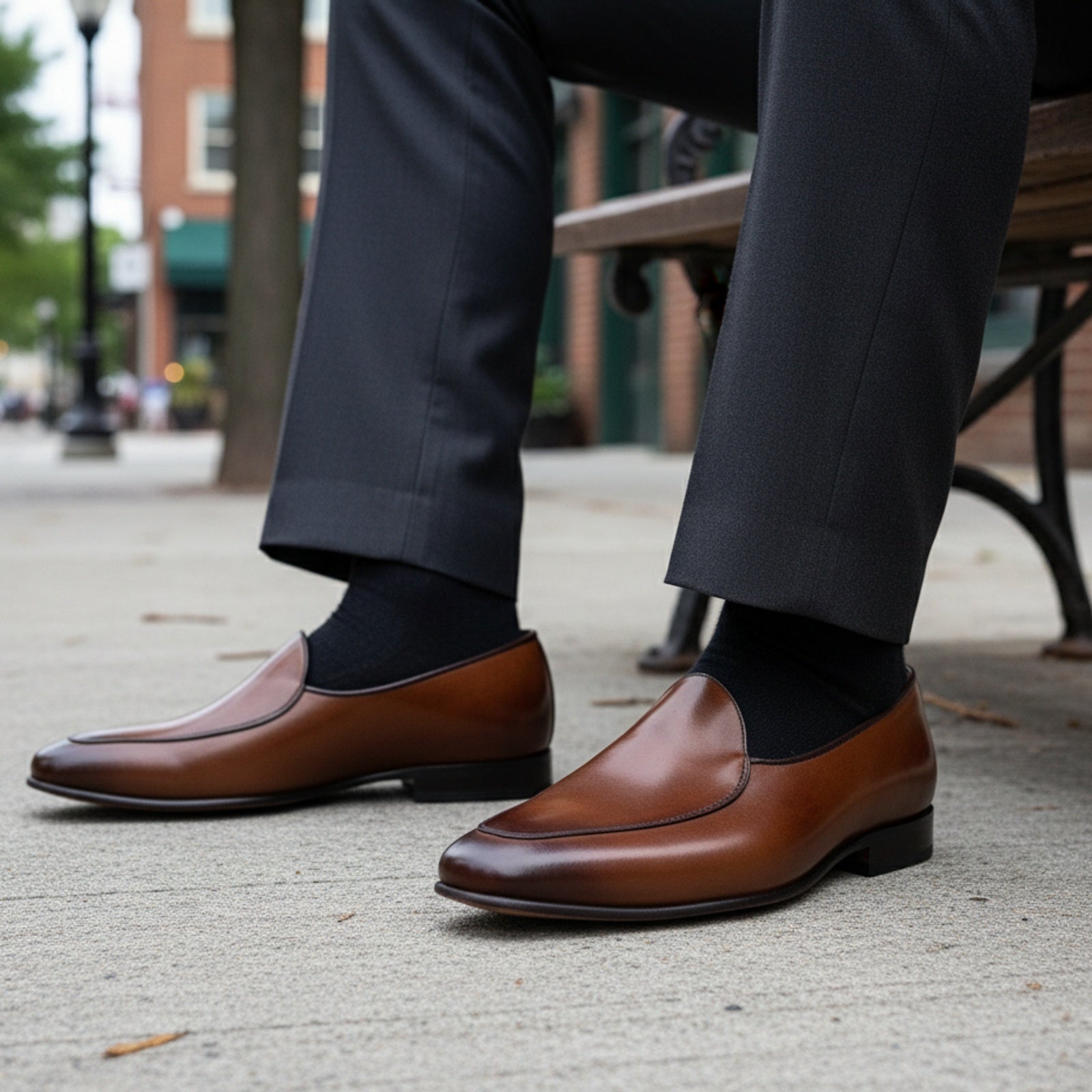 Men's Brown Leather Penny Loafers - model-sitting-bench