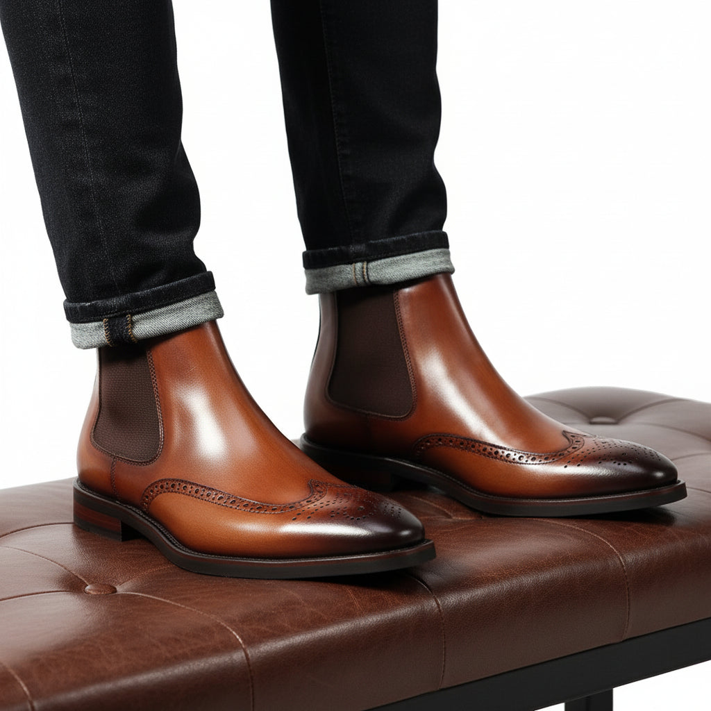 Men's Cow Leather Wingtip Dress Boots - model-sitting-bench