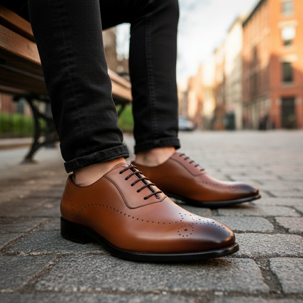 Men's Brown Leather Wingtip Oxford Shoes - model-sitting-bench