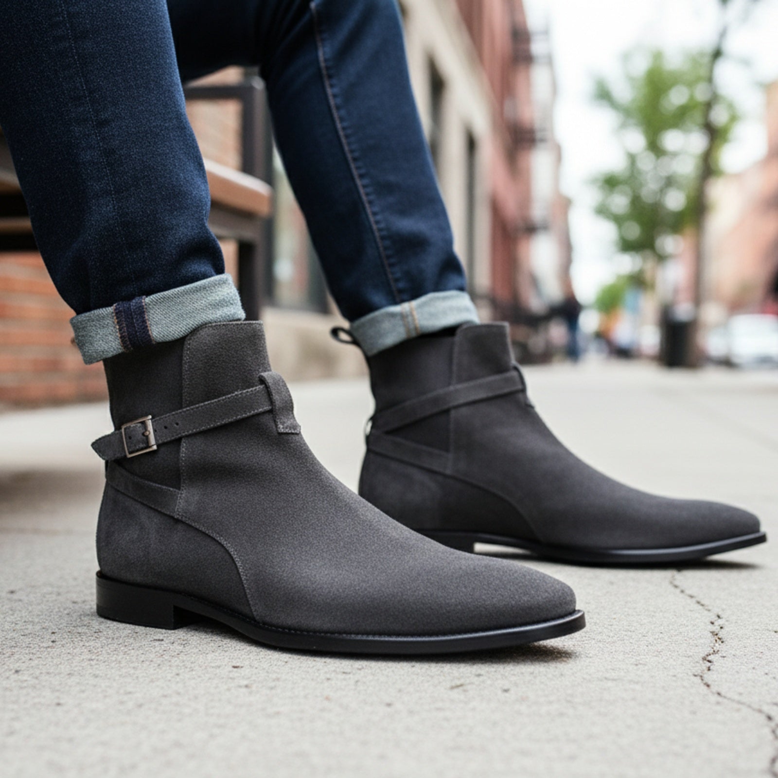 Men's Dark Gray Suede Jodhpur Ankle Boots - model-sitting-bench