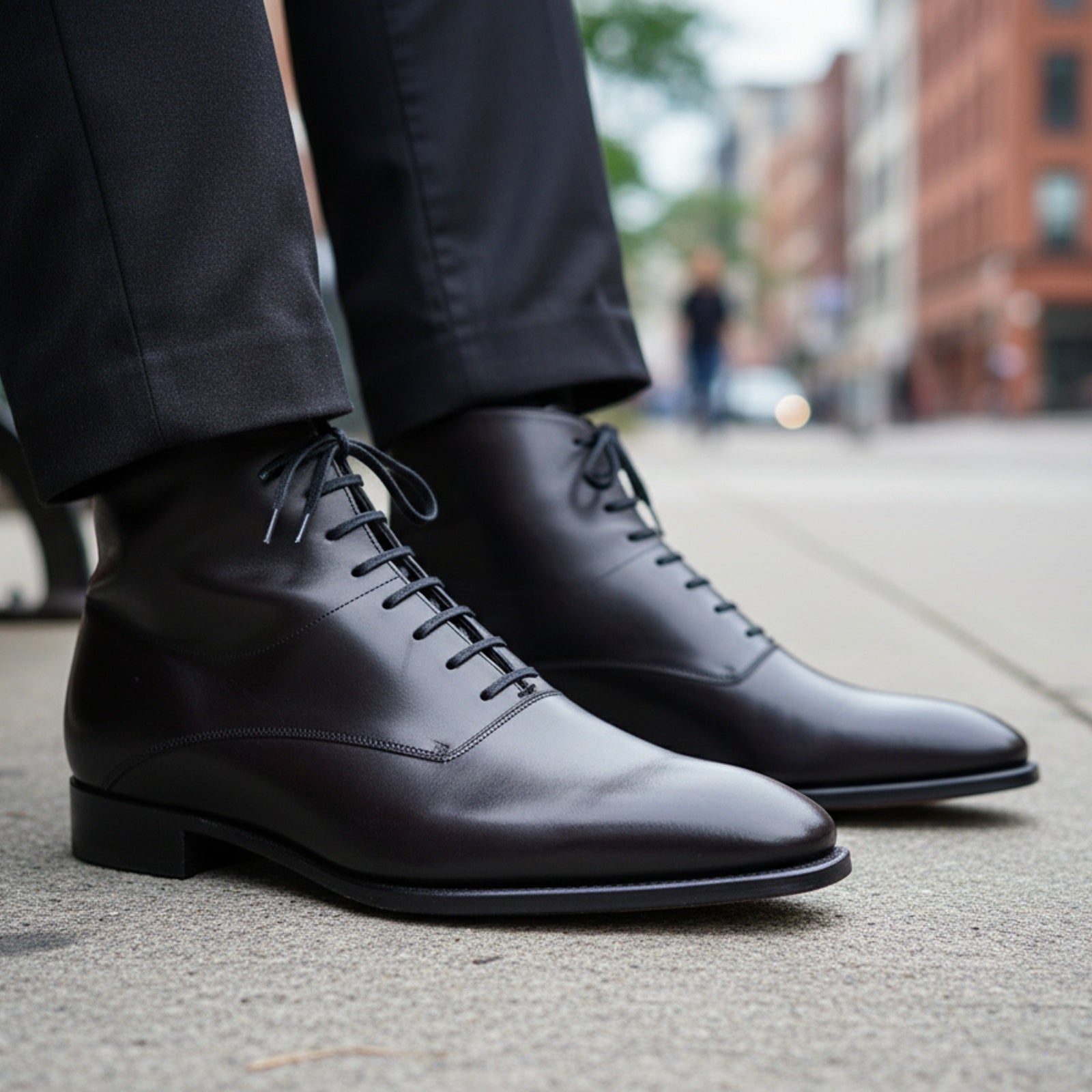 Handmade Mens Fashion Ankle Leather Boot, Men Black Lace Up Boot, Mens Boot - model-sitting-bench