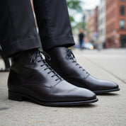 Handmade Mens Fashion Ankle Leather Boot, Men Black Lace Up Boot, Mens Boot - model-sitting-bench
