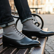 Handmade Mens Fashion Gray and Black Akle Boots, Men Suede Leather Boots - model-sitting-bench