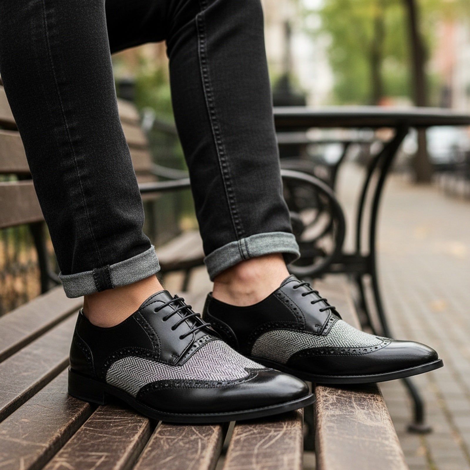 Handmade Mens Formal Shoes, Men Two Tone Wing Tip Dress Shoes, Shoes - model-sitting-bench