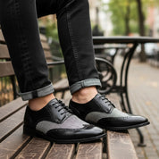 Handmade Mens Formal Shoes, Men Two Tone Wing Tip Dress Shoes, Shoes - model-sitting-bench
